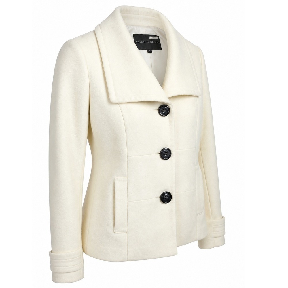 Antonio Melani Coat Women 2 Wool Blend Button Front Cream Solid Regular Modern